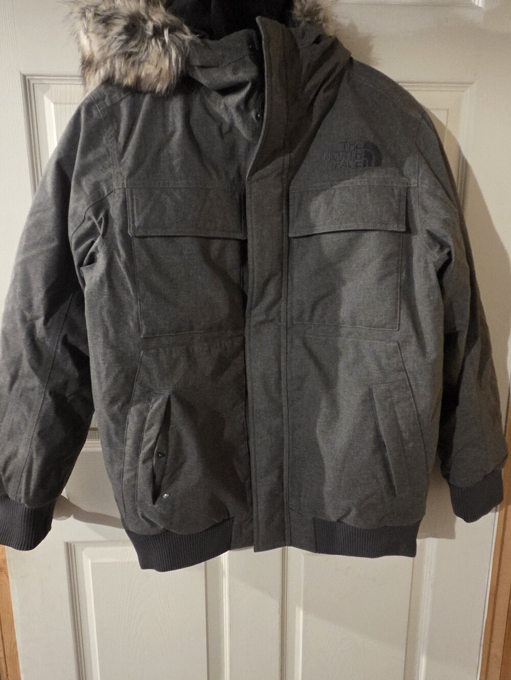The North Face Men's Dark Gray Hooded Puffer Jacket with Faux Fur Trim